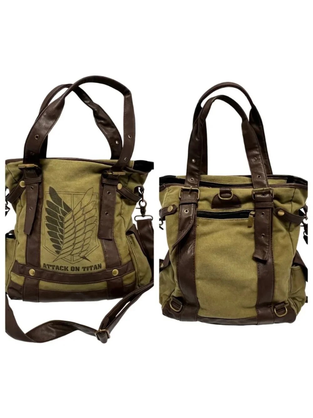 Attack On Titan Canvas Shoulder Tote Bag With Leather Straps & Anime Logo Design